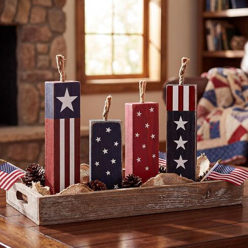 4th of July Decorations, 4Pcs Red White and Blue Decorations, Rustic Patriotic Decorations for Memorial Day, Retro Patriotic Decor Tiered Tray Decor, Fourth of July Decor for Home Office Shelf in Saudi Arabia