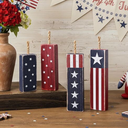 4th of July Decorations, 4Pcs Red White and Blue Decorations, Rustic Patriotic Decorations for Memorial Day, Retro Patriotic Decor Tiered Tray Decor, Fourth of July Decor for Home Office Shelf in Saudi Arabia