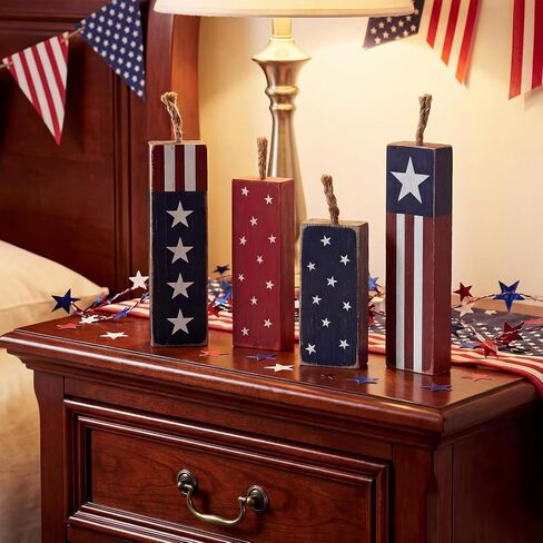 4th of July Decorations, 4Pcs Red White and Blue Decorations, Rustic Patriotic Decorations for Memorial Day, Retro Patriotic Decor Tiered Tray Decor, Fourth of July Decor for Home Office Shelf in Saudi Arabia