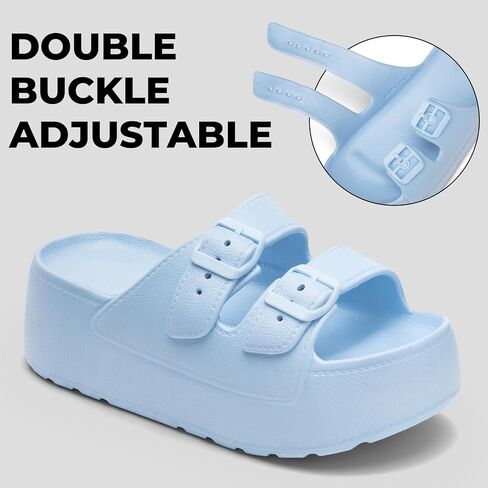 Women Open Toe Platform Slide Sandals Adjustable Double Buckles Non-Slip Wedge Slip on Shoes Beach Walking Blue 7.5 8 in Saudi Arabia