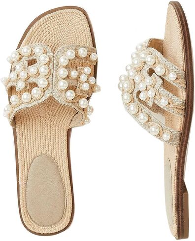 Women's Pearl Raffia Slide Sandals Square Toe Flat Slip-On Summer Sandals Woven Strap Slides in Saudi Arabia
