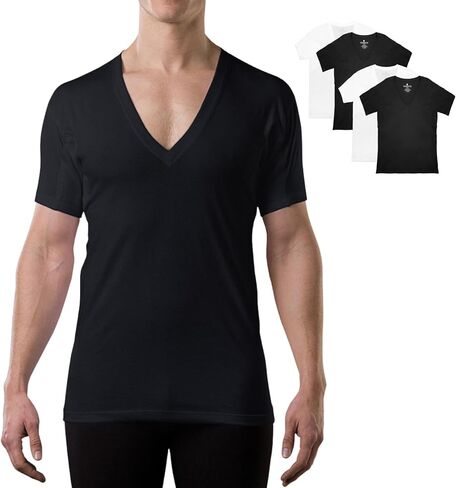 Men's Sweatproof Undershirt | Cotton Deep V Neck | Original Fit | with Sweat Pads | White, Black | 4 Pk Bundle | Large in Saudi Arabia
