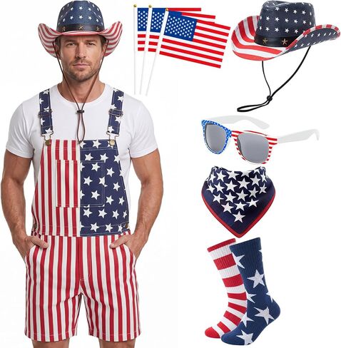 Mepase 8 Pcs American Flag Overalls for Men Independence Day Outfit Set Adjustable Strap Hat Sunglasses Scarf Flag Sock in Kuwait
