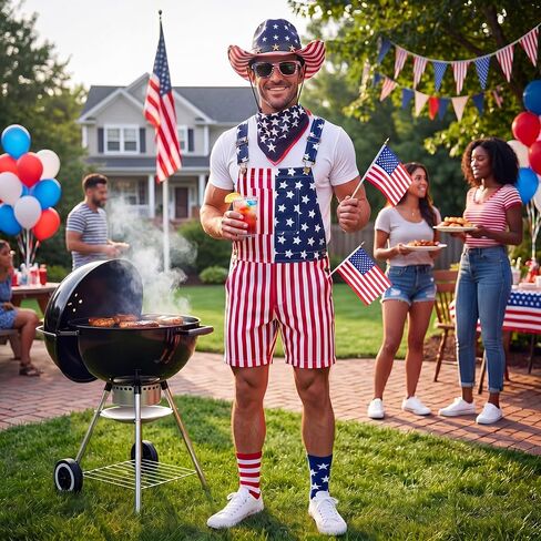 Mepase 8 Pcs American Flag Overalls for Men Independence Day Outfit Set Adjustable Strap Hat Sunglasses Scarf Flag Sock in Kuwait