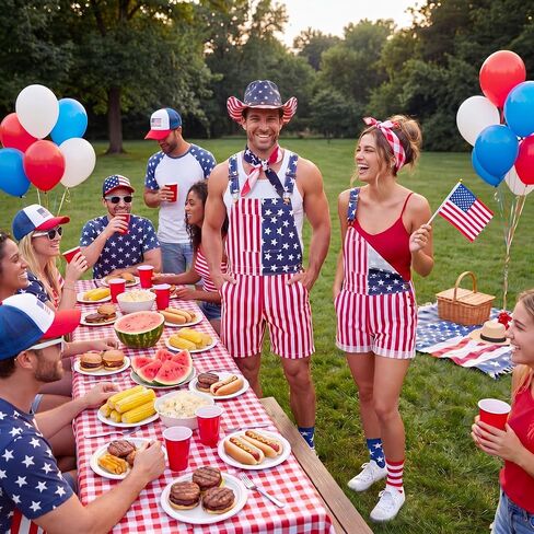 Mepase 8 Pcs American Flag Overalls for Men Independence Day Outfit Set Adjustable Strap Hat Sunglasses Scarf Flag Sock in Kuwait