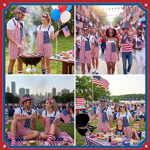 Mepase 8 Pcs American Flag Overalls for Men Independence Day Outfit Set Adjustable Strap Hat Sunglasses Scarf Flag Sock in Kuwait