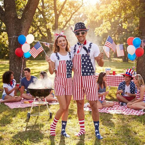 Mepase 8 Pcs American Flag Overalls for Men Independence Day Outfit Set Adjustable Strap Hat Sunglasses Scarf Flag Sock in Kuwait