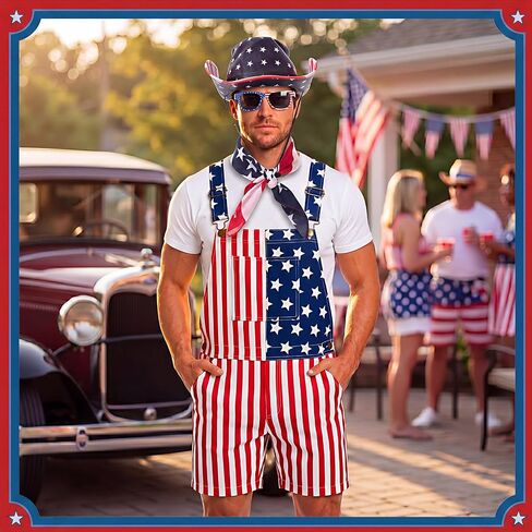 Mepase 8 Pcs American Flag Overalls for Men Independence Day Outfit Set Adjustable Strap Hat Sunglasses Scarf Flag Sock in Kuwait