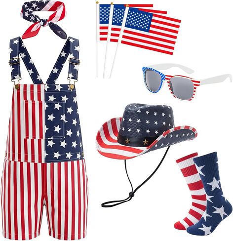 Mepase 8 Pcs American Flag Overalls for Men Independence Day Outfit Set Adjustable Strap Hat Sunglasses Scarf Flag Sock in Kuwait