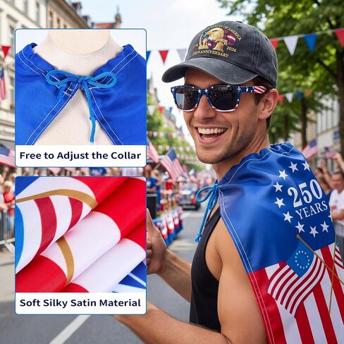 American Flag Cape Costume Set – 250th Anniversary USA Patriotic Accessories, Retro Flag Sunglasses, Embroidered USA Hat, Patriotic Tattoo, Small Flags, 4th of July Costume, Olympic Outfit in Kuwait
