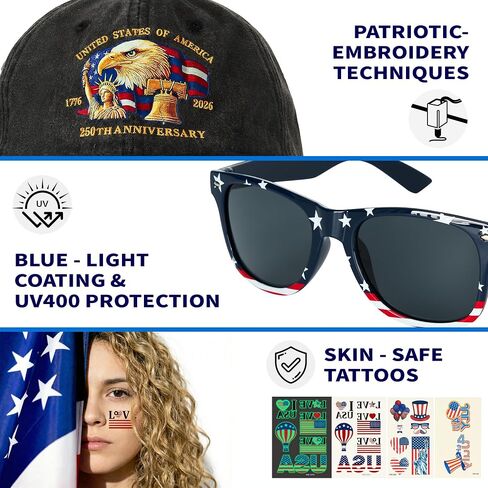 American Flag Cape Costume Set – 250th Anniversary USA Patriotic Accessories, Retro Flag Sunglasses, Embroidered USA Hat, Patriotic Tattoo, Small Flags, 4th of July Costume, Olympic Outfit in Kuwait