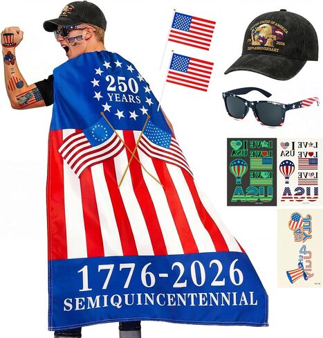 American Flag Cape Costume Set – 250th Anniversary USA Patriotic Accessories, Retro Flag Sunglasses, Embroidered USA Hat, Patriotic Tattoo, Small Flags, 4th of July Costume, Olympic Outfit in Kuwait