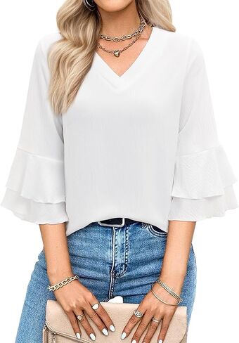siliteelon Women's 3/4 Length Sleeve Tops V Neck Bell Sleeve Flowy Ruffle Dressy Casual Blouses Summer Elegant Work Clothes in Kuwait