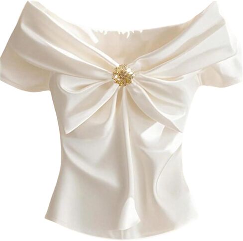 GORGLITTER Women's Satin Silk Bow Blouse Dressy Short Sleeve V Neck Business Casual Shirts Quiet Luxury Clothes in Kuwait