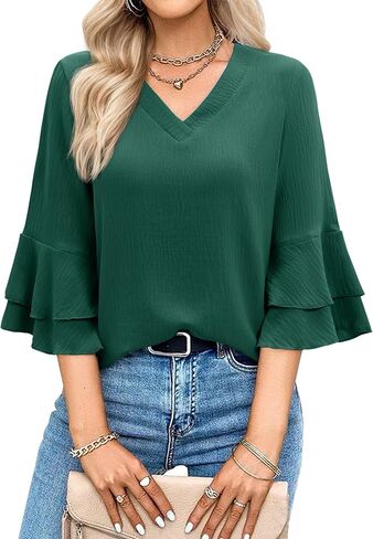 siliteelon Women's 3/4 Length Sleeve Tops V Neck Bell Sleeve Flowy Ruffle Dressy Casual Blouses Summer Elegant Work Clothes in Kuwait