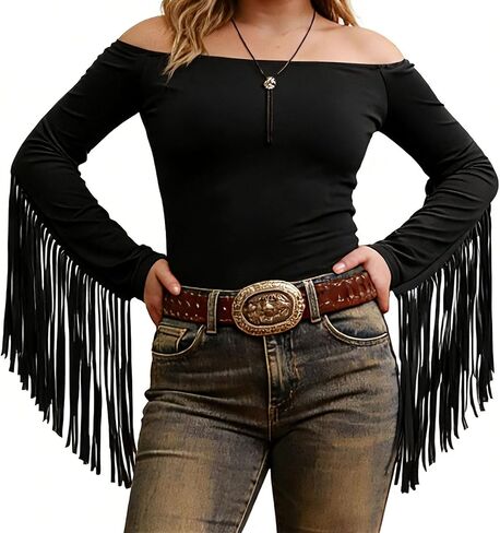 Women Western Cowgirl Fringe Tops,Off The Shoulder Stretchy Fall Long Sleeve for Country Concert Outfit in Saudi Arabia