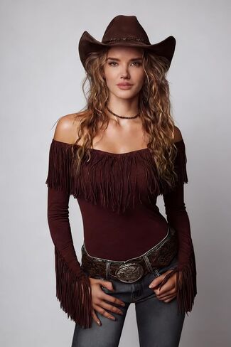 Fringe Tops for Women Off The Shoulder Western Cowgirl Outfits Summer Spring Long Sleeve Shirts Blouses with Tassels in Kuwait
