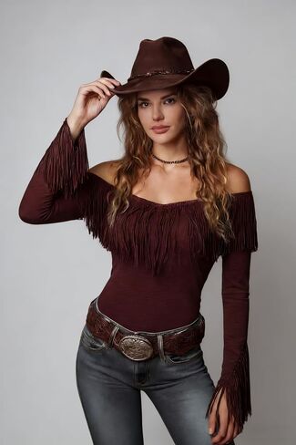 Fringe Tops for Women Off The Shoulder Western Cowgirl Outfits Summer Spring Long Sleeve Shirts Blouses with Tassels in Kuwait