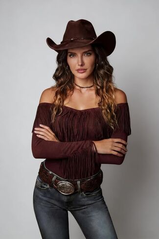 Fringe Tops for Women Off The Shoulder Western Cowgirl Outfits Summer Spring Long Sleeve Shirts Blouses with Tassels in Kuwait