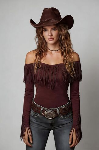 Fringe Tops for Women Off The Shoulder Western Cowgirl Outfits Summer Spring Long Sleeve Shirts Blouses with Tassels in Kuwait
