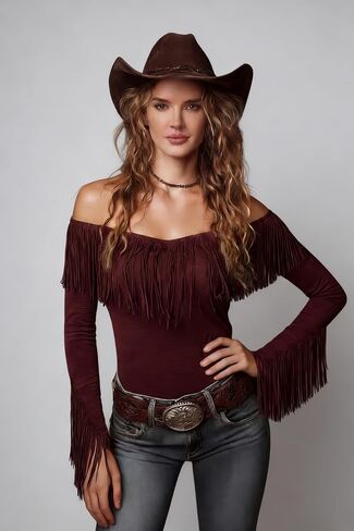 Fringe Tops for Women Off The Shoulder Western Cowgirl Outfits Summer Spring Long Sleeve Shirts Blouses with Tassels in Kuwait
