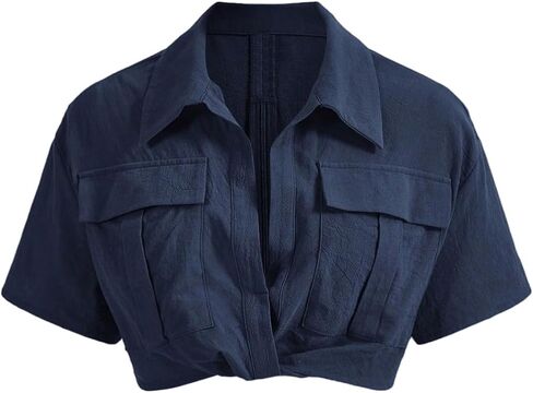 OYOANGLE Women's Flap Pocket Baggy Top Twist Front Zipper Back Crop Blouse Short Sleeve Shirt in Kuwait