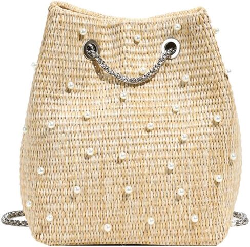 Pearl Straw Bucket Purse for Women Summer Vacation Crossbody Purses Beach Bag Beaded Rhinestone Handbag in Saudi Arabia
