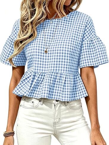 Ailoqing Womens Gingham Top Casual Short Bell Sleeve Crew Neck Ruffle Babydoll Peplum Blouse Plaid Shirts in Saudi Arabia