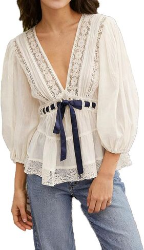 Women Boho Lace Tie Front Top Sheer V Neck Puff Sleeve Flowy Shirt Coquette Aesthetic Chiffon Peplum Blouse Beach in Saudi Arabia