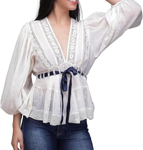 Women Boho Lace Tie Front Top Sheer V Neck Puff Sleeve Flowy Shirt Coquette Aesthetic Chiffon Peplum Blouse Beach in Saudi Arabia