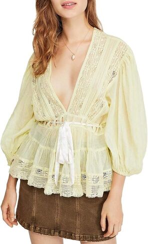 Women Boho Lace Tie Front Top Sheer V Neck Puff Sleeve Flowy Shirt Coquette Aesthetic Chiffon Peplum Blouse Beach in Saudi Arabia