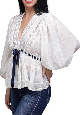 Women Boho Lace Tie Front Top Sheer V Neck Puff Sleeve Flowy Shirt Coquette Aesthetic Chiffon Peplum Blouse Beach in Saudi Arabia