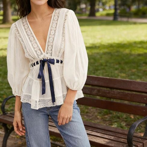 Women Boho Lace Tie Front Top Sheer V Neck Puff Sleeve Flowy Shirt Coquette Aesthetic Chiffon Peplum Blouse Beach in Saudi Arabia