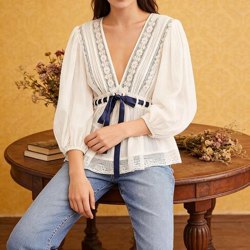 Women Boho Lace Tie Front Top Sheer V Neck Puff Sleeve Flowy Shirt Coquette Aesthetic Chiffon Peplum Blouse Beach in Saudi Arabia