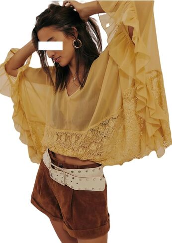 Women Lace See Through Blouse Boho Sheer Long Bell Sleeve Ruffle Poncho Tops Sexy Mesh Flowy Frilly Hem Shawl Shirt in Kuwait