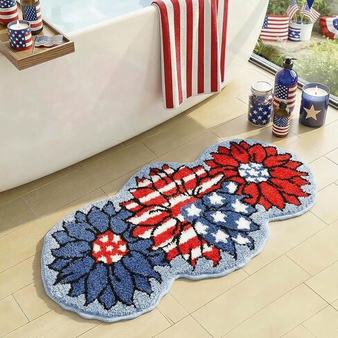Mocsicka 4th of July Bathroom Rug, Non-Slip Patriotic Flower Bathroom Mat Machine Washable Tufted Independence Mat, Outdoor Soft Absorbent Rug (Red and Blue, 18x36 inch) in Saudi Arabia