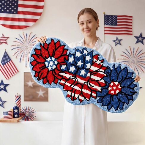 Mocsicka 4th of July Bathroom Rug, Non-Slip Patriotic Flower Bathroom Mat Machine Washable Tufted Independence Mat, Outdoor Soft Absorbent Rug (Red and Blue, 18x36 inch) in Saudi Arabia