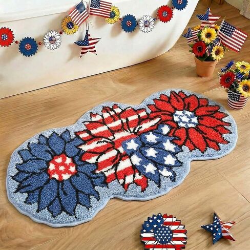 Mocsicka 4th of July Bathroom Rug, Non-Slip Patriotic Flower Bathroom Mat Machine Washable Tufted Independence Mat, Outdoor Soft Absorbent Rug (Red and Blue, 18x36 inch) in Saudi Arabia