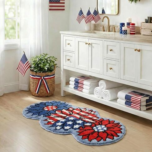 Mocsicka 4th of July Bathroom Rug, Non-Slip Patriotic Flower Bathroom Mat Machine Washable Tufted Independence Mat, Outdoor Soft Absorbent Rug (Red and Blue, 18x36 inch) in Saudi Arabia