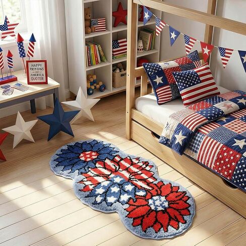 Mocsicka 4th of July Bathroom Rug, Non-Slip Patriotic Flower Bathroom Mat Machine Washable Tufted Independence Mat, Outdoor Soft Absorbent Rug (Red and Blue, 18x36 inch) in Saudi Arabia