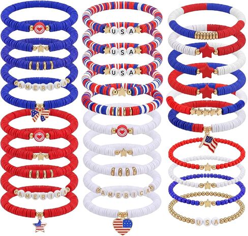Kigeli 30 Pcs 4th of July Beaded Stretch Bracelets Bulk Red White Blue Beaded Stackable Bracelets for Women Patriotic Gift for 250th Anniversary Independence Day Party Favors in Saudi Arabia
