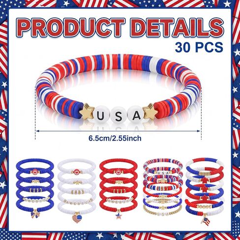 Kigeli 30 Pcs 4th of July Beaded Stretch Bracelets Bulk Red White Blue Beaded Stackable Bracelets for Women Patriotic Gift for 250th Anniversary Independence Day Party Favors in Saudi Arabia