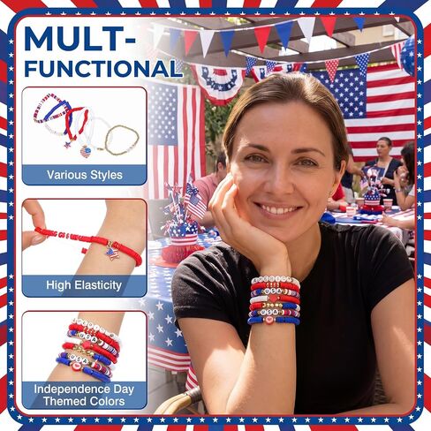 Kigeli 30 Pcs 4th of July Beaded Stretch Bracelets Bulk Red White Blue Beaded Stackable Bracelets for Women Patriotic Gift for 250th Anniversary Independence Day Party Favors in Saudi Arabia