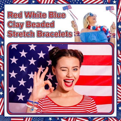 Kigeli 30 Pcs 4th of July Beaded Stretch Bracelets Bulk Red White Blue Beaded Stackable Bracelets for Women Patriotic Gift for 250th Anniversary Independence Day Party Favors in Saudi Arabia