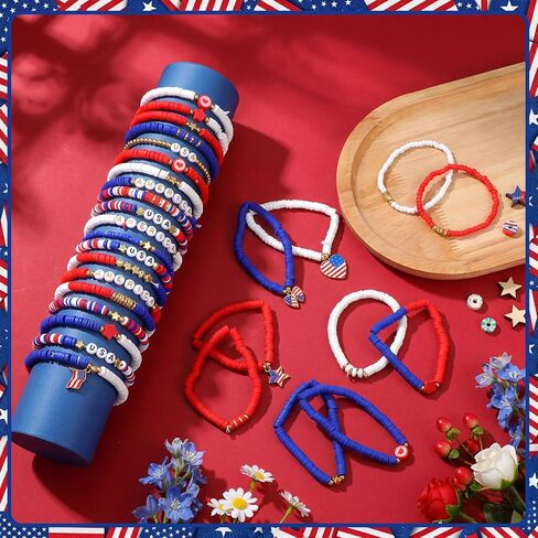 Kigeli 30 Pcs 4th of July Beaded Stretch Bracelets Bulk Red White Blue Beaded Stackable Bracelets for Women Patriotic Gift for 250th Anniversary Independence Day Party Favors in Saudi Arabia