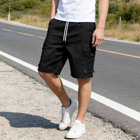 Men's Black Tactical Cargo Shorts, Drawstring Waist Multi-Pocket Shorts for Hiking, Work & Daily Wear in Kuwait