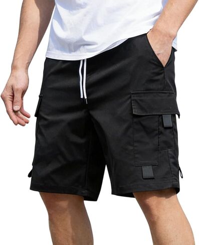 Men's Black Tactical Cargo Shorts, Drawstring Waist Multi-Pocket Shorts for Hiking, Work & Daily Wear in Kuwait