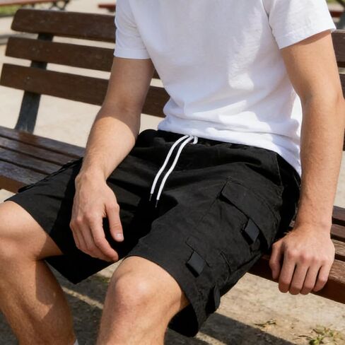 Men's Black Tactical Cargo Shorts, Drawstring Waist Multi-Pocket Shorts for Hiking, Work & Daily Wear in Kuwait