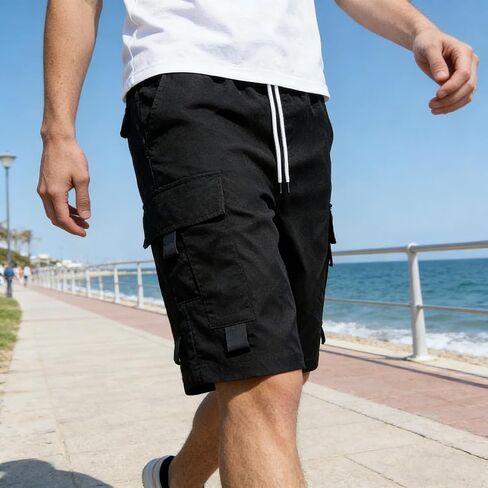 Men's Black Tactical Cargo Shorts, Drawstring Waist Multi-Pocket Shorts for Hiking, Work & Daily Wear in Kuwait