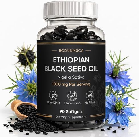 Ethiopian Black Seed Oil Softgels 1000mg, 100% Pure Nigella Sativa, Supports Immune & Digestive Health, Cold Pressed, Non-GMO, Easy-to-Swallow, 90 Softgels in Saudi Arabia